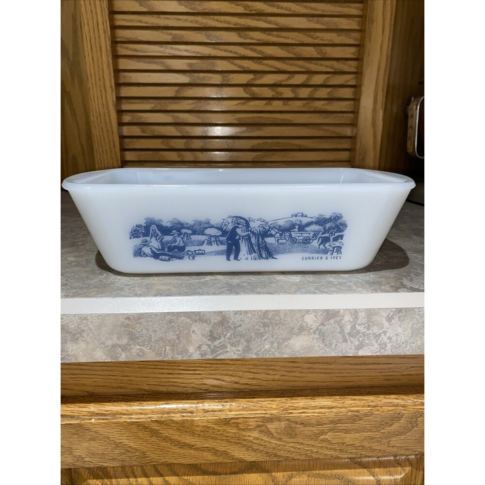 Vintage Currier And Ives Ovenware Loaf Pan Royal Glasbake J522 Blue Farm